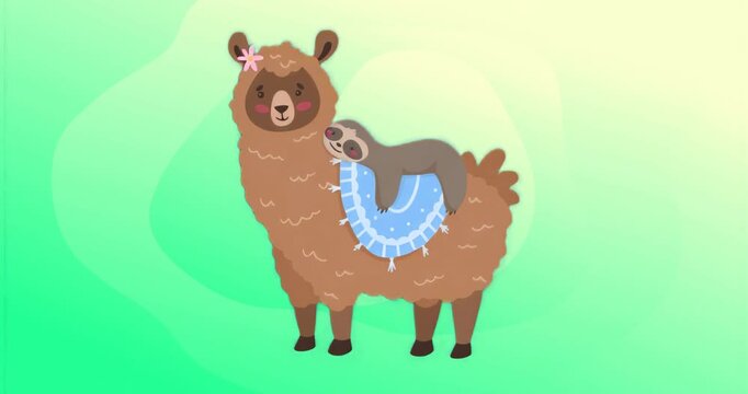 At start, flower-adorned llama standing with sloth resting on blue blanket showing peaceful mood
