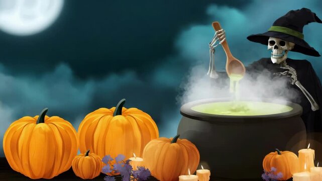 Scary skeleton, a witch dressed, stirs a bubbling green potion in a cauldron under a full moon for Halloween night.
