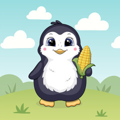 Cute cartoon Penguin with a Corn in Nature. Vector illustration of animal on green background.