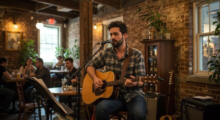 Man playing acoustic guitar in a brick bar