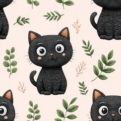 Adorable Black Kitten Seamless Pattern with Pink Floral Background