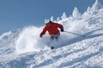 Man skiing on a freshly prepared slope enjoying the sunny winter day with perfect snow conditions in a popular ski resort location