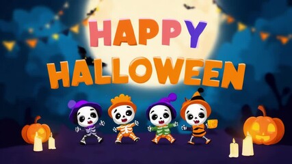 Cartoon children in Halloween skeleton costumes with pumpkins and candles under a full moon at night. Happy Halloween fun card.