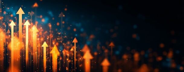 Digital background with glowing arrows on dark blue and orange gradient symbolizing technology business growth and progress.