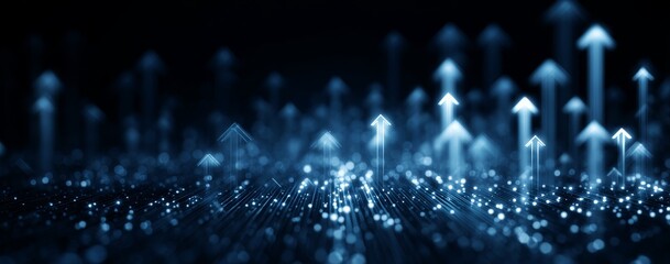 Digital background with glowing arrows pointing upwards on dark blue light track symbolizing technology progress and growth.