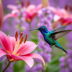 Obraz premium a hummingbird flying near a flower 