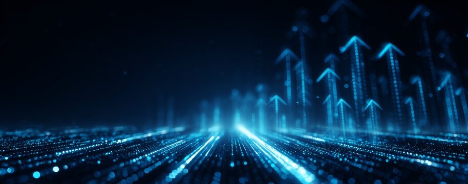 Digital background with glowing arrows pointing upwards on dark blue light track symbolizing technology progress and growth.