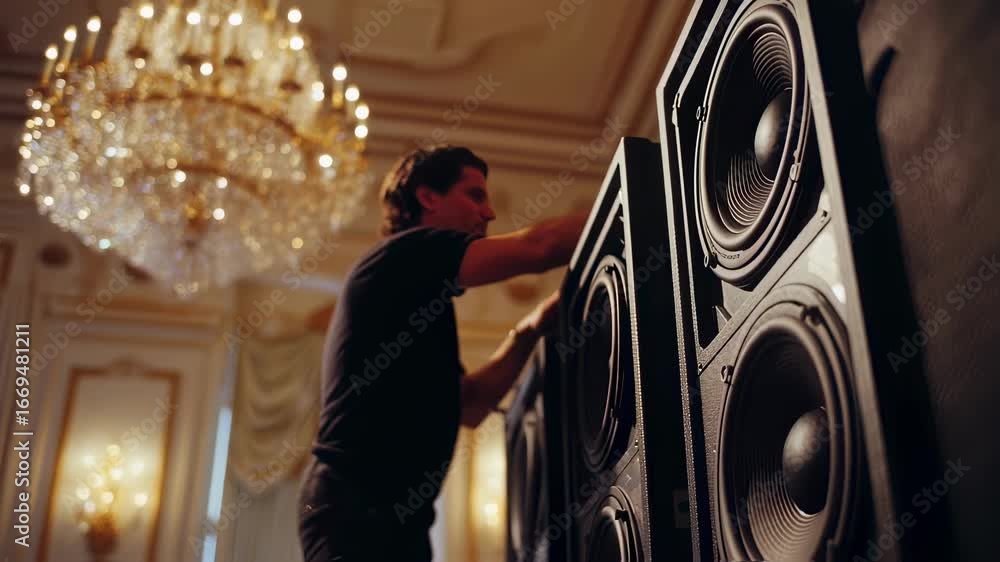 Wall mural close medium view of sound engineer securing array speakers behind fabriccovered grill panel in clas
