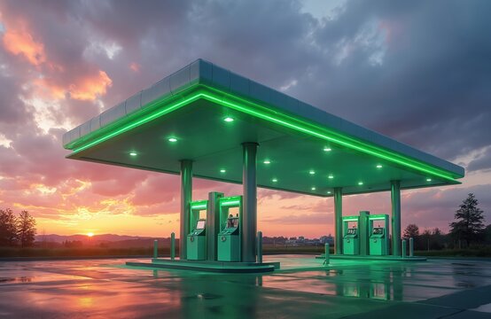 Modern Compressed Natural Gas CNG filling station at sunset. Featuring clean energy technology, green lighting, sustainable fueling infrastructure. Environmentally friendly transportation option for