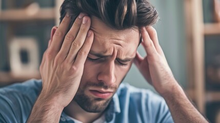 Fototapeta premium Discomfort Captured: Authentic Man with Headache Expression – Furrowed Brow, Tense Jaw, One Hand Gently Pressing Against His Temples, Eyes Partially Squinted to Ease Sensitivity,