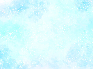 梅雨時のアジサイやネモフィラなど、淡い水色のお花イメージの背景素材。水彩風テクスチャー。筆のタッチ。水彩の柔らかなにじみ。キラキラした光。水滴の輝き。しっとり感。