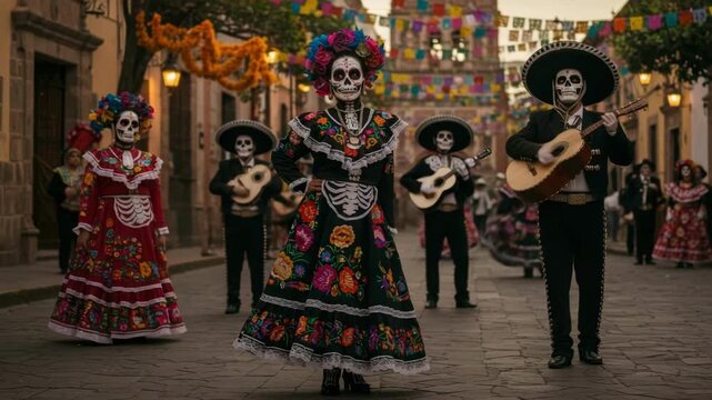 People with dia de los muertos masks. Men playing guitar and women dancing, traditional mexican street festival. Day of the Dead celebration.