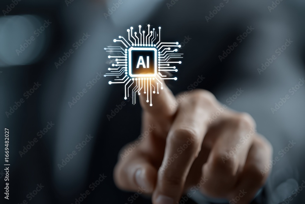 Aufkleber touching the future with a hand on an artificial intelligence circuit board designed to enhance tech