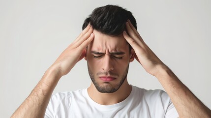 Naklejka premium Discomfort Captured: Authentic Man with Headache Expression – Furrowed Brow, Tense Jaw, One Hand Gently Pressing Against His Temples, Eyes Partially Squinted to Ease Sensitivity,
