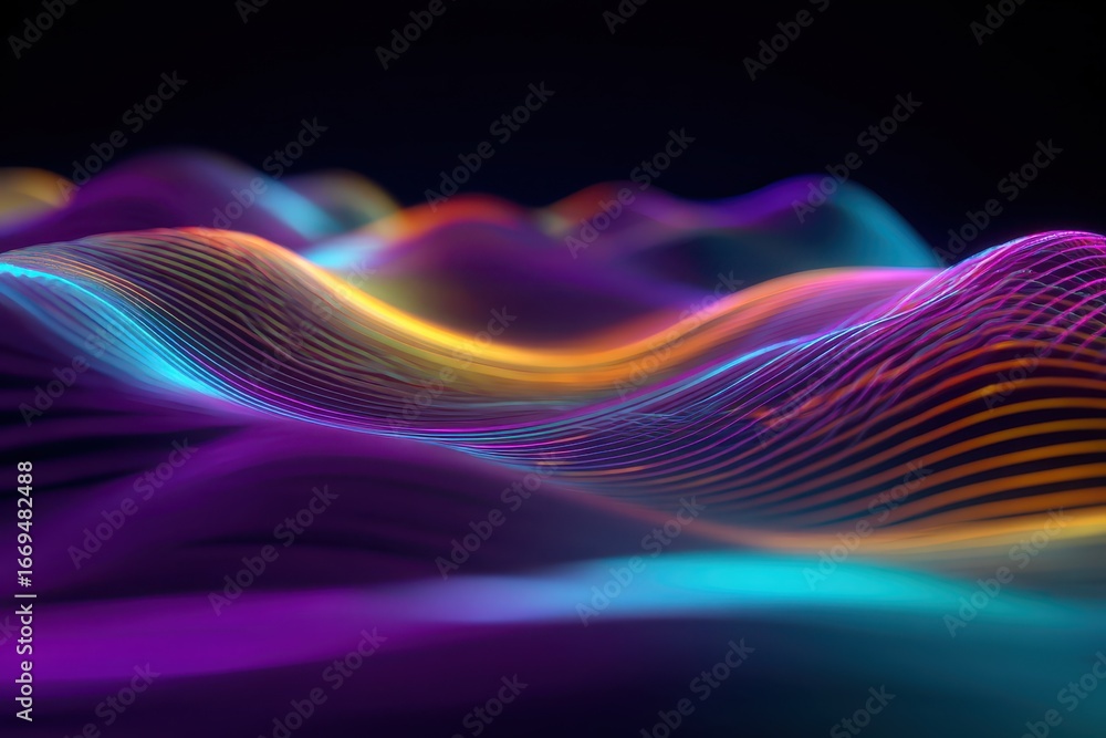 Poster futuristic abstract background featuring vibrant glows and flowing waves against a dark backdrop tha