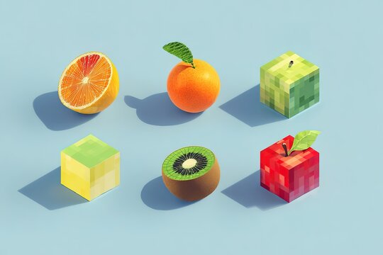 3D isometric illustrations of simple geometric fruits