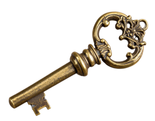  Rustic Brass Key with Decorative Handle, Angled Side Perspective, Transparent Background PNG