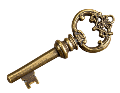  Rustic Brass Key with Decorative Handle, Angled Side Perspective, Transparent Background PNG