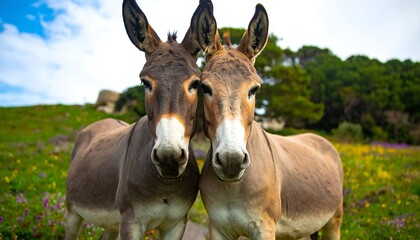 Two donkeys stand close together in a field of wildflowers, heads touching