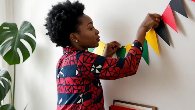 A young African woman with curly hair decorates a wall with colorful triangular flags. The setting is bright and festive, ideal for celebrations.