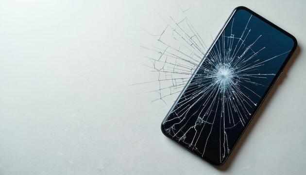Smartphone with severely cracked, shattered screen lies on plain background, indicating significant damage. Fractured glass displays radiating lines from central impact point, showing broken