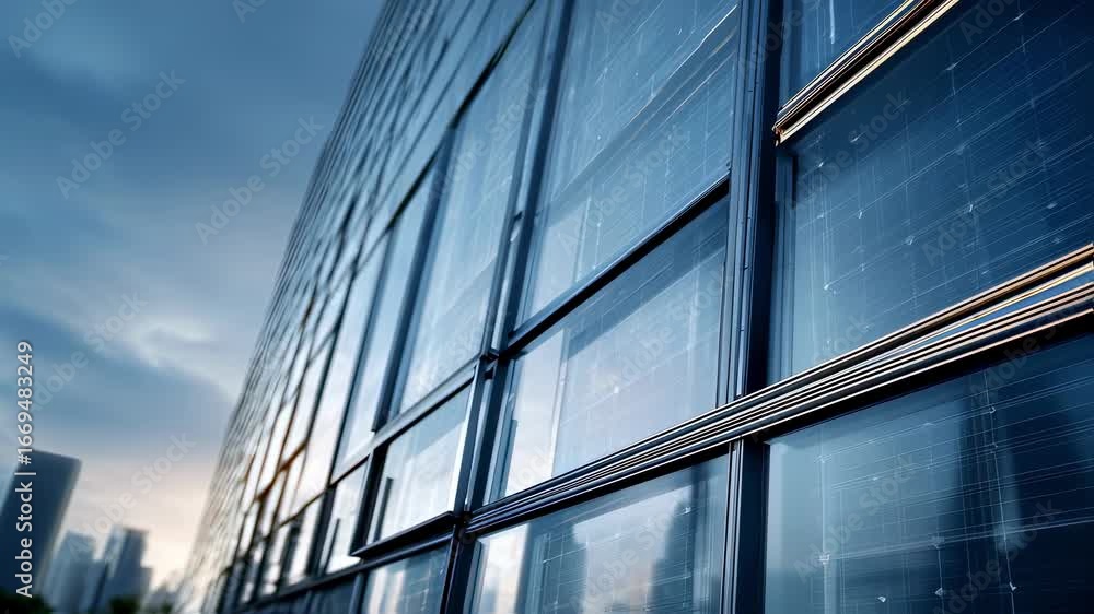 Poster focused shot on energyefficient windows being installed on a green building facade background softly