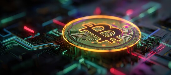 A green and yellow neon hologram of the Bitcoin logo on top of an intricate circuit board