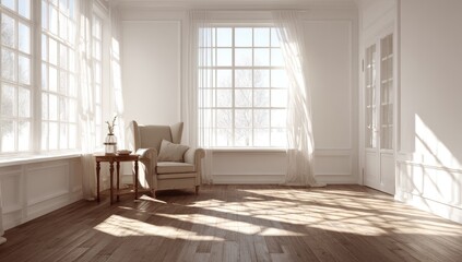 Fototapeta premium Sunlight streams into a light-filled room with a cozy armchair