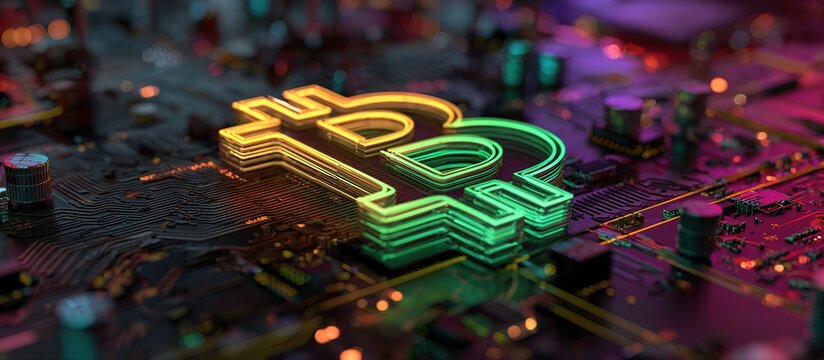 A green and yellow neon hologram of the Bitcoin logo on top of an intricate circuit board