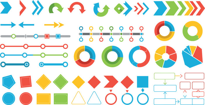 Infographic element set featuring arrows, charts, shapes, and flowchart components for data visualization, process mapping, and presentation design projects
