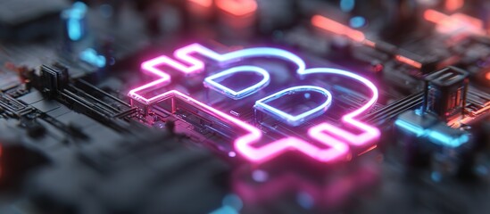 A pink and blue neon hologram of the Bitcoin logo on top of an intricate circuit board