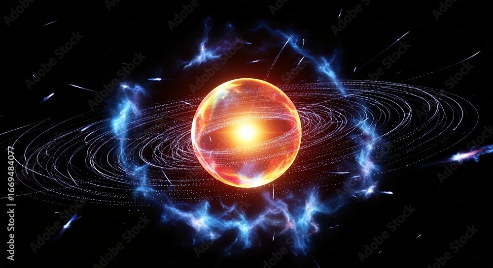 Aufkleber glowing sphere with orbiting trails and ethereal blue energy clouds on black background. concept for