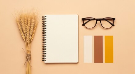Fall design mockup featuring wheat, glasses, and blank notebook page