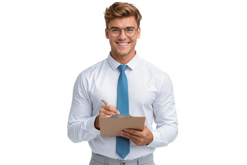 Happy confident businessman writing on clipboard, smiling at camera, isolated on transparent background