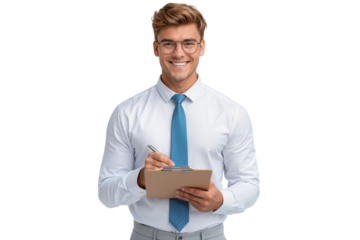 Happy confident businessman writing on clipboard, smiling at camera, isolated on transparent background