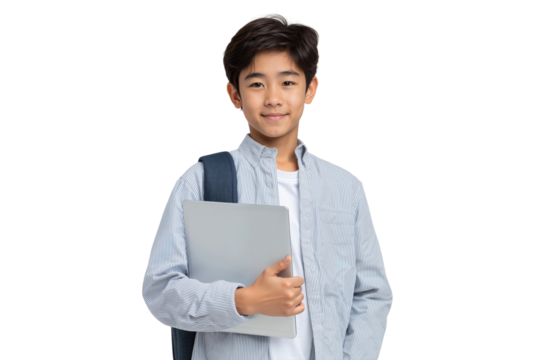 Happy Asian schoolboy with backpack holding laptop, ready to school, isolated on transparent background