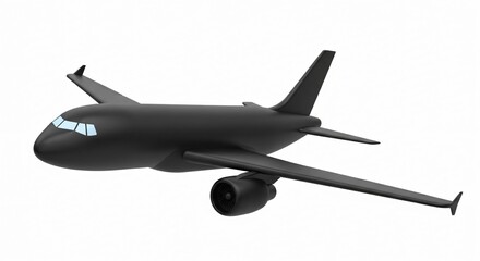 Sleek black airplane soaring against a crisp white background