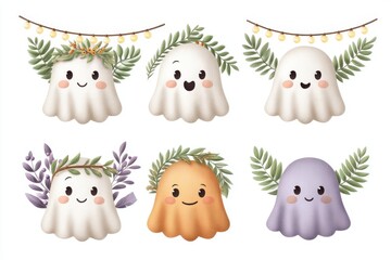 Adorable Pastel Ghosts with Floral Wreaths Halloween Illustration