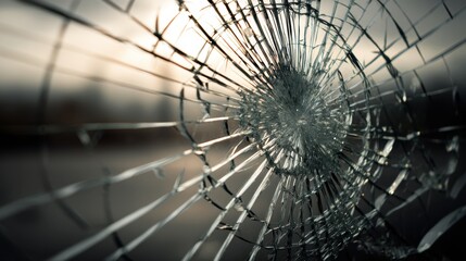 Shattered glass with radial cracks, dramatic backlighting for automotive safety ads, forensic science visuals, thriller movie promotions

