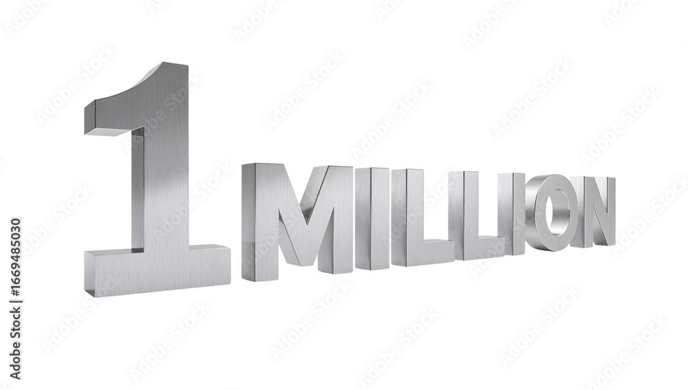Poster conceptual rendering displaying silver metallic one million on isolated transparent surface