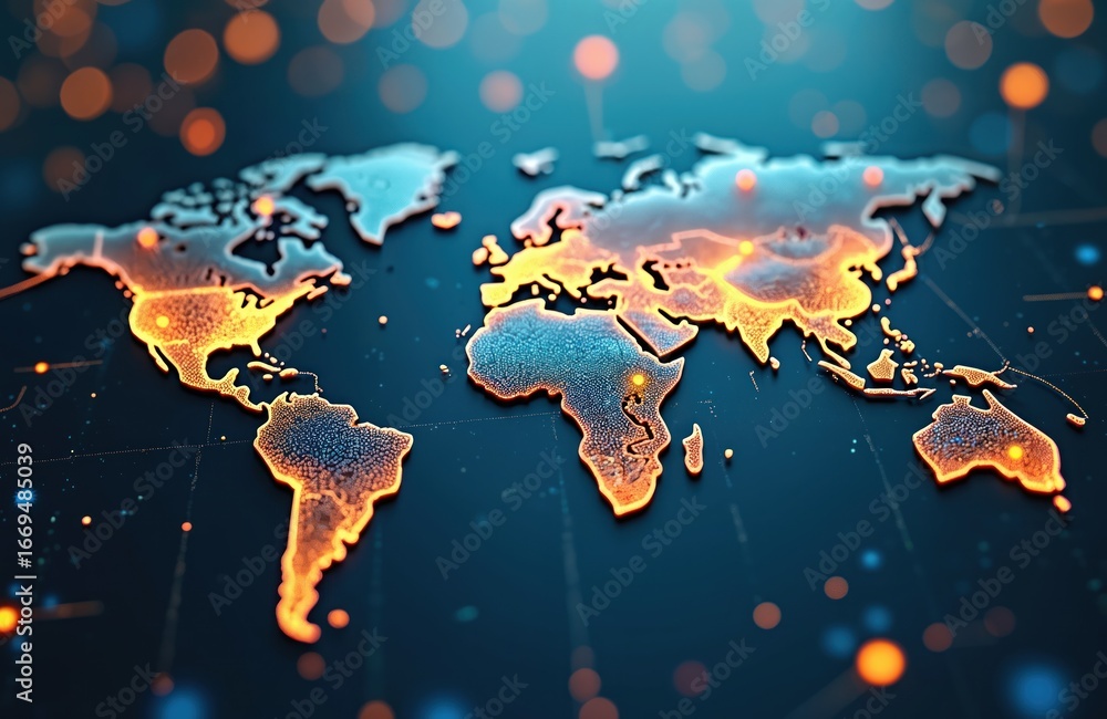 Poster glowing world map visualization with illuminated continents on dark background. digital network glob