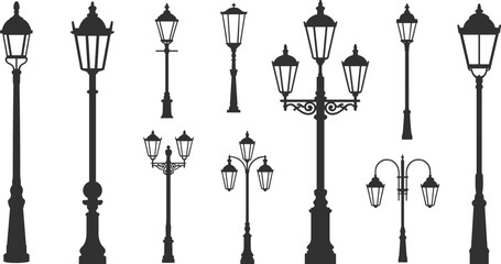 Collection of classic vintage street lamps silhouettes, elegant outdoor lighting poles, decorative iron lampposts, black vector icons isolated on white background. © Mst Hosnara Khatun