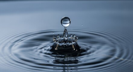 Water drop impact creates a crown-like splash with concentric ripples on the surface, concept for purity promotion, hydration advertising and environmental conservation projects