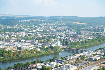 Trier cityscape and Mosel river, aerial view, ancient roman city and bridge in the Moselle Valley, Germany, summer landscape rhineland palatine
