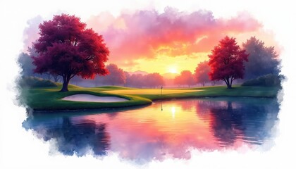 Vibrant watercolor illustration of golf course landscape at sunset. Serene lake reflects colorful sky with trees, fairways. Features rolling green hills, sand bunkers, flag on putting green, evoking