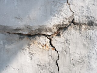 Obraz premium Weathered white wall with prominent cracks and worn texture, ideal for construction projects, urban art themes, and home renovation marketing