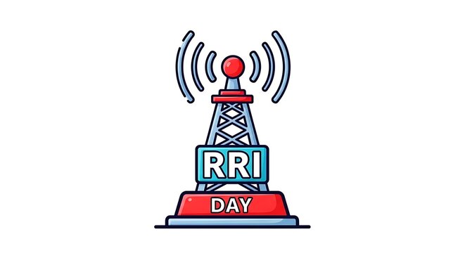 Cartoon illustration of a blue and red radio tower with signal waves and the text "RRI Day.".