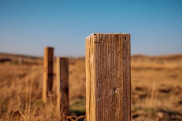 Close-up of weathered wooden fence posts in a rural landscape
