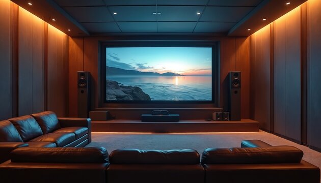 Luxurious home theater setup with plush leather seating, large screen displaying scenic ocean sunset. Features surround sound speakers, ambient lighting for immersive cinematic experience. Ideal for