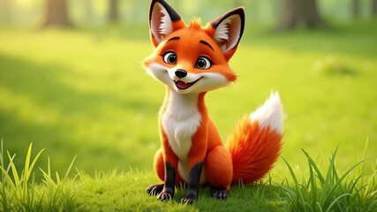 Adorable cartoon fox sitting in sunlit meadow looking hopeful and innocent in fun video